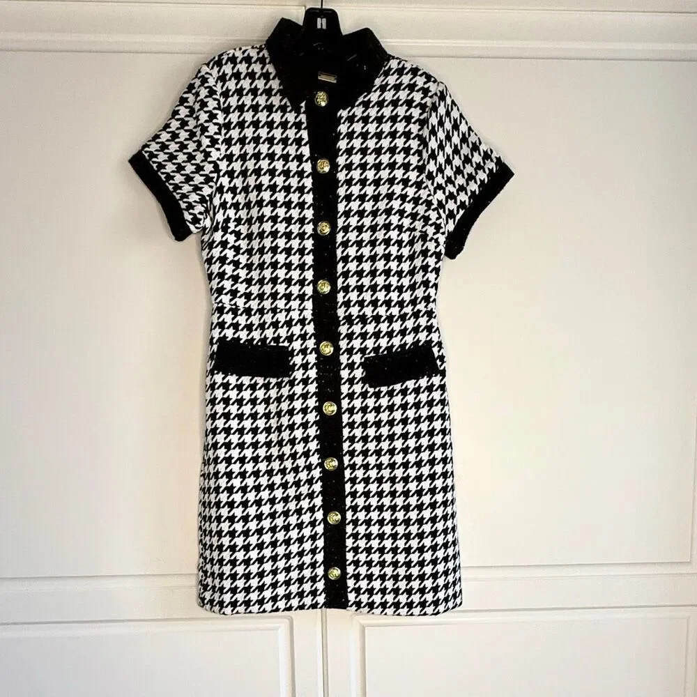 NWT Alexia Admor “Jenni” Tweed Shirtdress black/white houndstooth. Size 10 - Picture 4 of 15